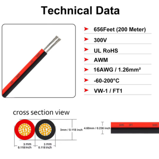 Cabo de silicone flexível vermelho preto de 2 pinos 16AWG (POR METRO)